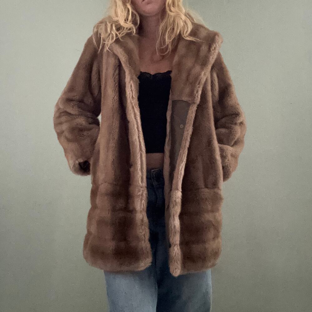 Faux Fur Mid Length Swing Coat Tan Old Money Aesthetic Mob Wife Cozy Boho Chic